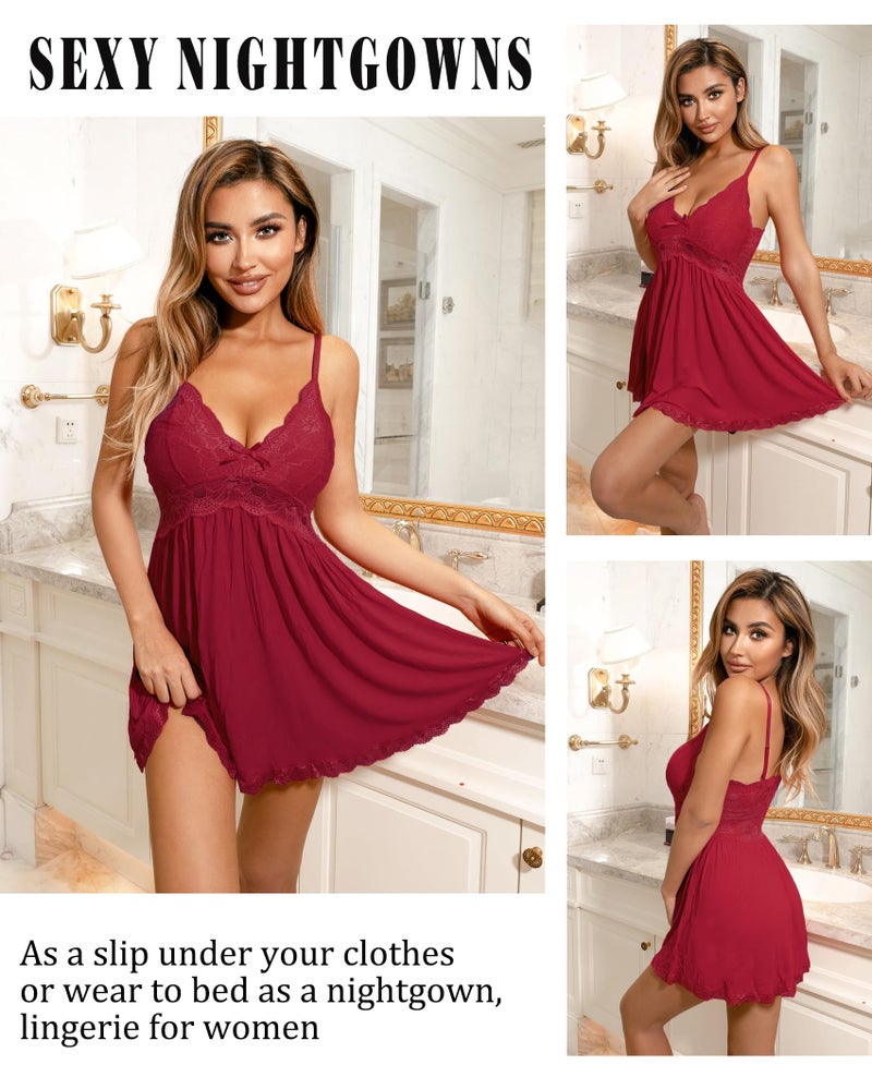 Avidlove Women Babydoll Nightgown Chemises Lace Modal Sleepwear V-Neck Full Slip Sleep Dress Dark Red - Image 4